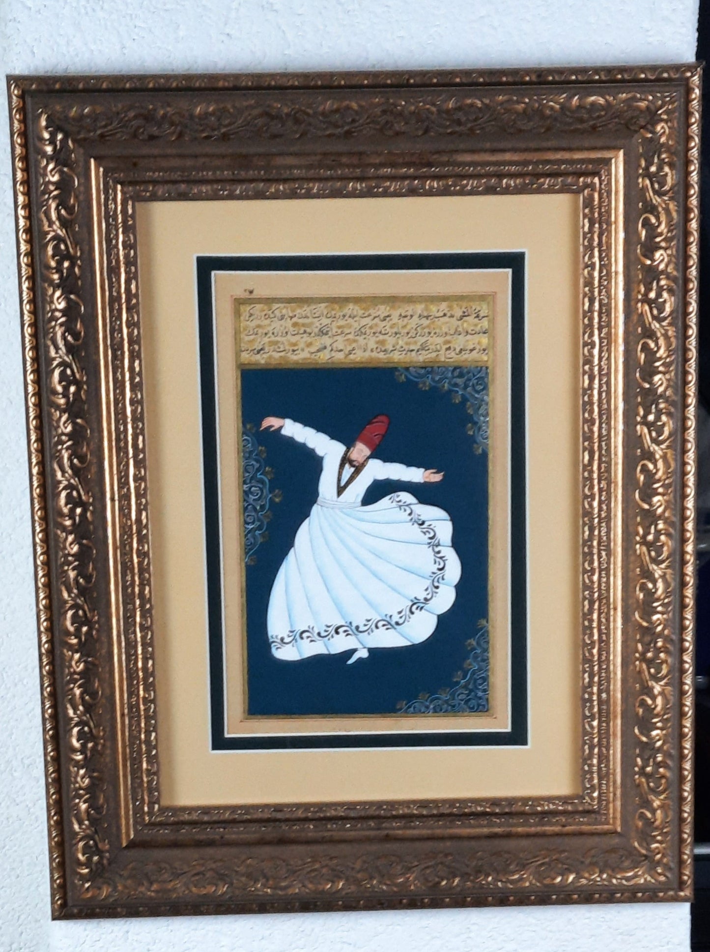 Vintage Turkish Rumi Dervish Miniature Painting, Illustrated Manuscript, Antique Golden Frame