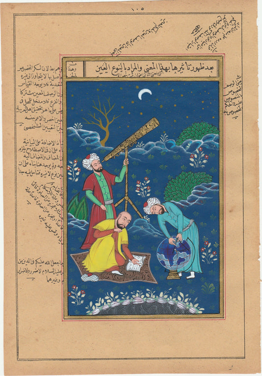 Islamic Astronomers Miniature Painting - Hand-Painted Manuscript Art Depicting Lunar and Celestial Studies