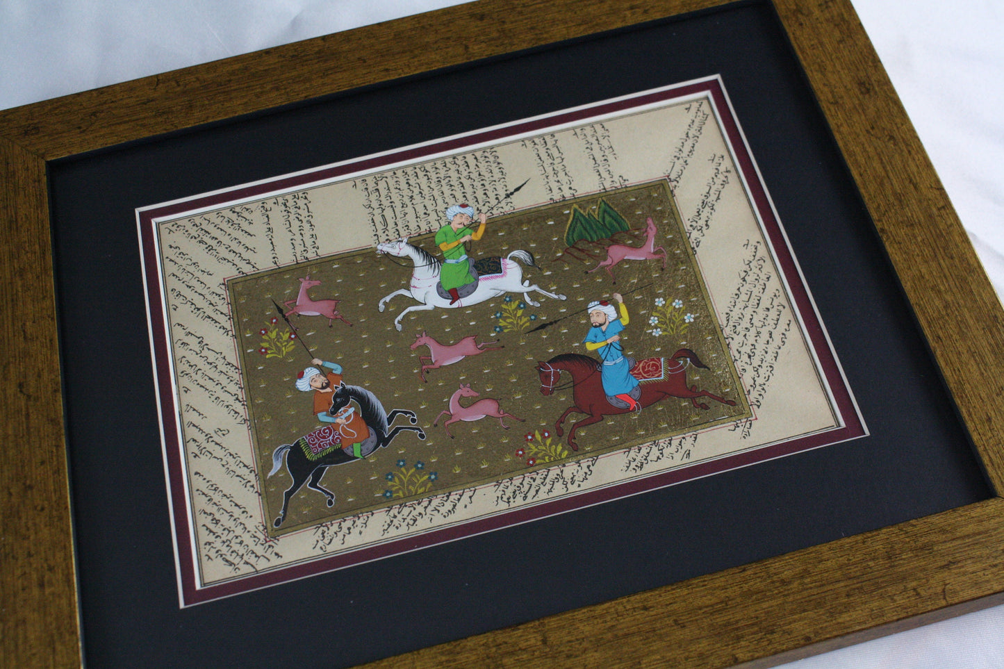 Handgeschilderde islamitische Ottomaanse manuscript miniatuur schilderij over jacht - Vintage stijl decor - antieke stijl wandkunst