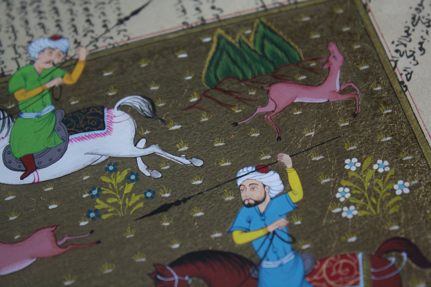 Handgeschilderde islamitische Ottomaanse manuscript miniatuur schilderij over jacht - Vintage stijl decor - antieke stijl wandkunst