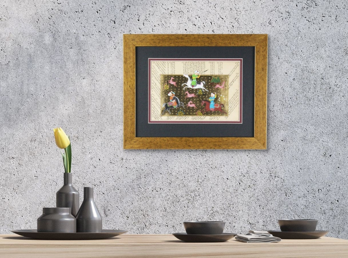 Handgeschilderde islamitische Ottomaanse manuscript miniatuur schilderij over jacht - Vintage stijl decor - antieke stijl wandkunst