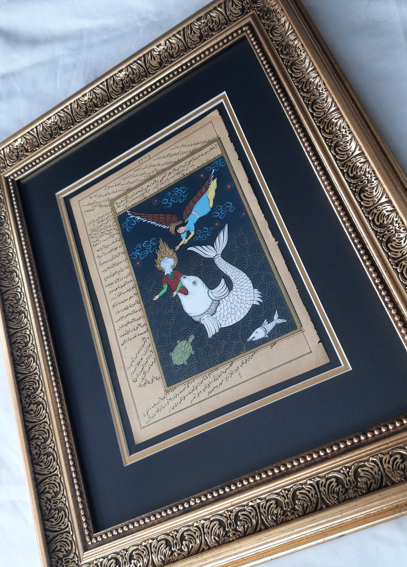 Prophet Jonah and The Whale , Framed Original Islamic Manuscript Painting