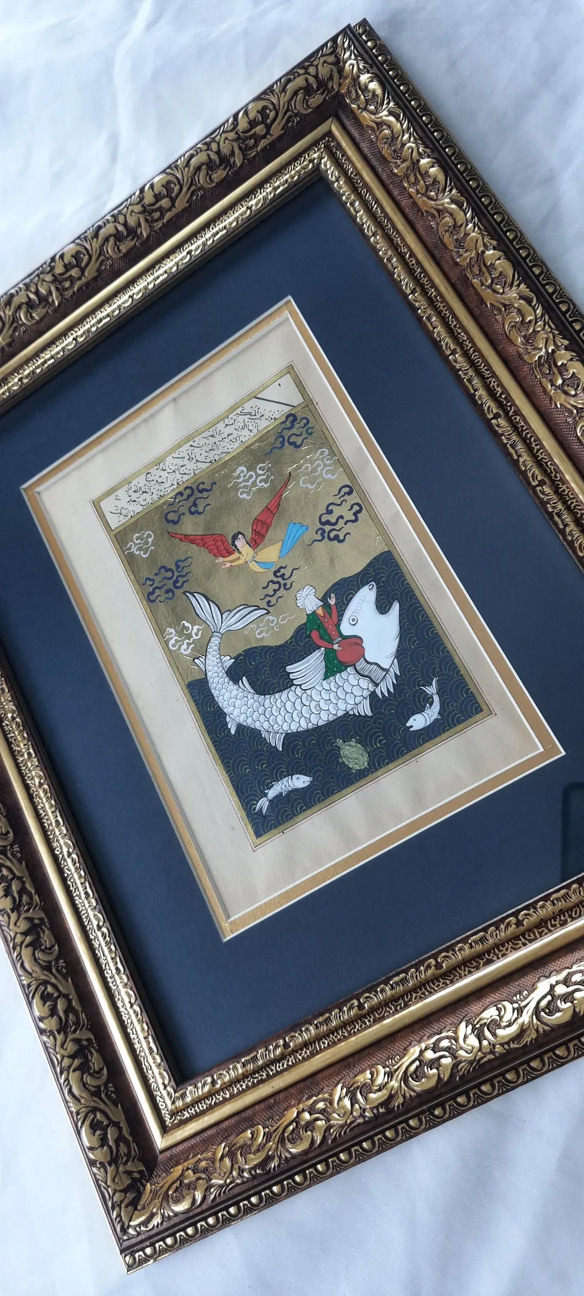 Prophet Jonah and The Whale , Framed Original Islamic Manuscript Painting